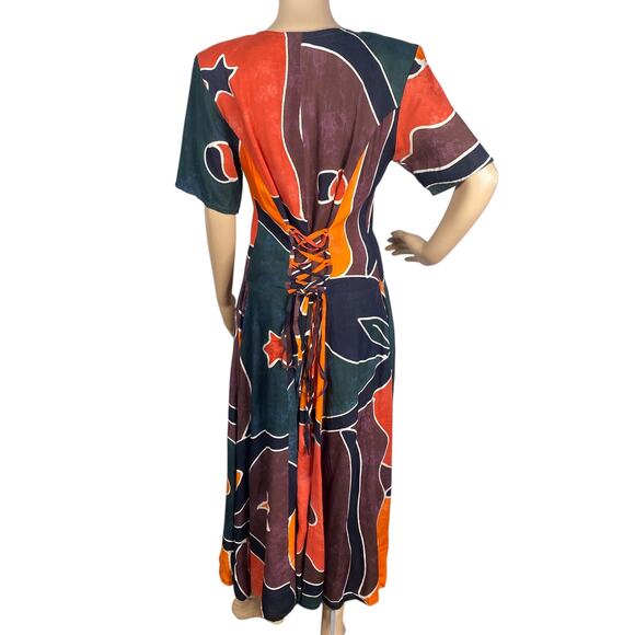 Vtg 90s Afghan by Blue Sky Boho Hippie Tie Dye Batik Lace Up Midi Dress SZ L - Picture 8 of 10